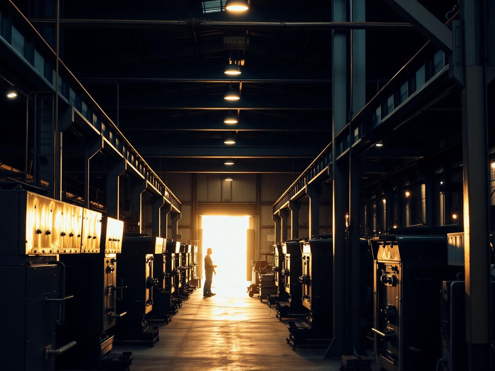 Industrial machinery on a manufacturing floor lit by overhead work lamps