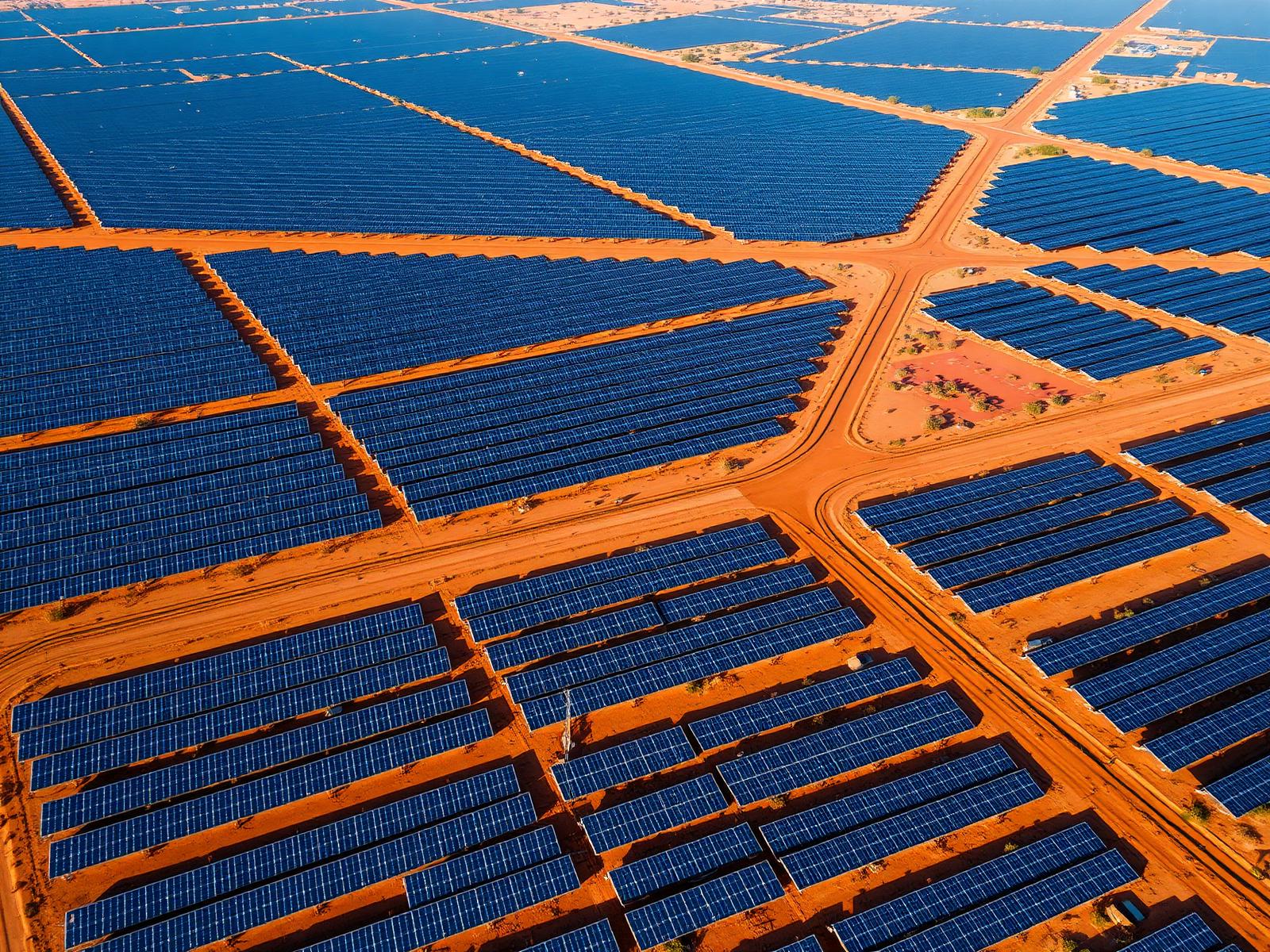 Aerial view of a Northern Cape solar PV farm with red-ochre access roads